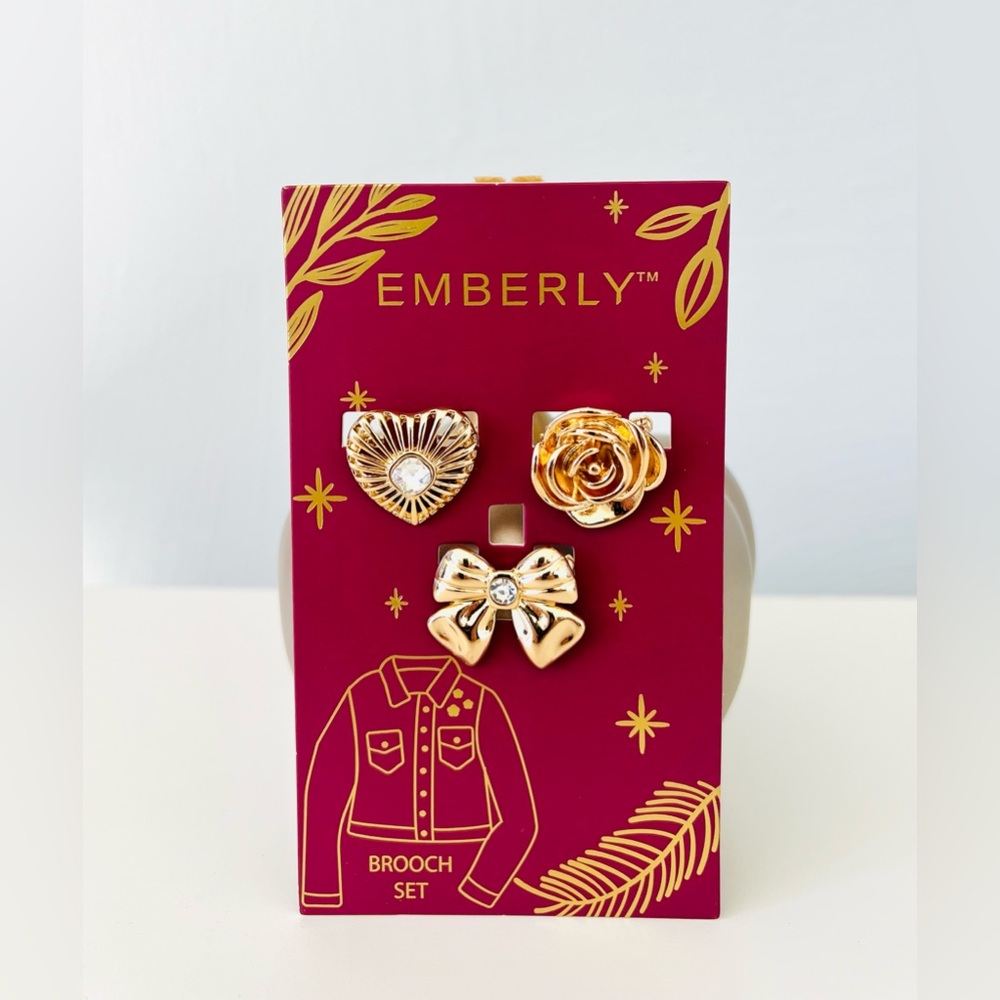 Emberly Gold-Toned Clear Glass Brooch Set – Heart, Bow & Rose Trio